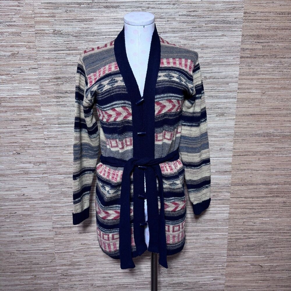 Vintage 1970s Aztec Style Acrylic Collageman Belted Cardigan Western Boho Size S